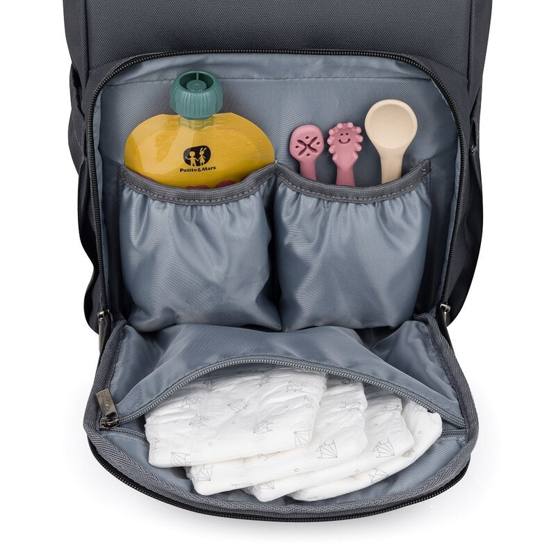 Rucsac pentru mamici, Petite&Mars, Jack, Cu 11 compartimente, Cu buzunare termice, Saltea de infasat inclusa, 30 x 42 x 15 cm, Ultimate Grey - gogobaby.ro