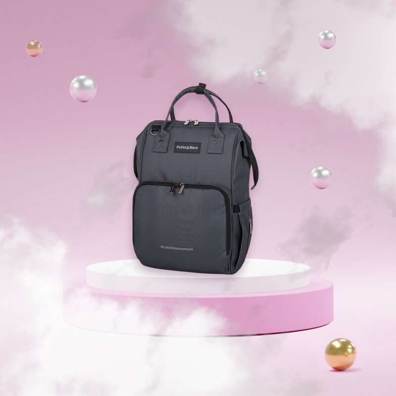 Rucsac pentru mamici, Petite&Mars, Jack, Cu 11 compartimente, Cu buzunare termice, Saltea de infasat inclusa, 30 x 42 x 15 cm, Ultimate Grey - gogobaby.ro