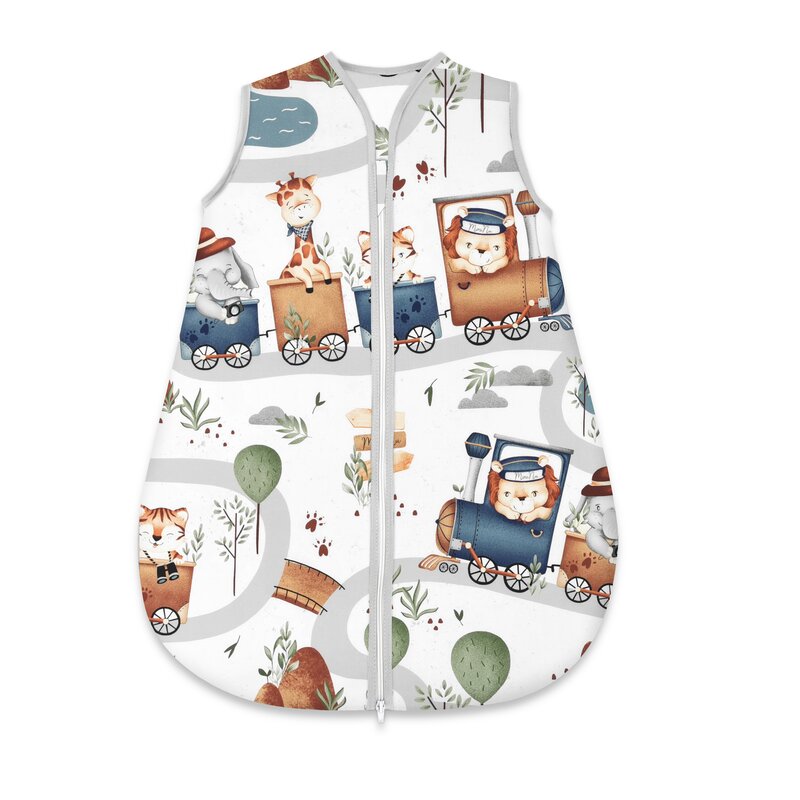 Sac de dormit, MimiNu, Pentru bebelusi, De iarna, Din bumbac certificat Oeko Tex Standard 100, Cu fermoar, 70 cm, 0 - 6 luni, 2.5 Tog, Zoo in train - gogobaby.ro