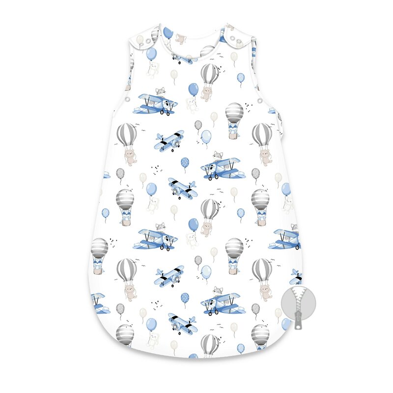 Sac de dormit, MimiNu, Pentru bebelusi, De iarna, Din bumbac certificat Oeko Tex Standard 100, Cu fermoar lateral, Cu capse pe umar, 74 cm, 0 - 6 luni, 2.5 Tog, Blue Plane - gogobaby.ro