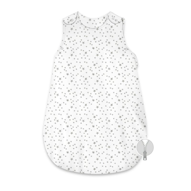 Sac de dormit, MimiNu, Pentru bebelusi, De iarna, Din bumbac certificat Oeko Tex Standard 100, Cu fermoar lateral, Cu capse pe umar, 74 cm, 0 - 6 luni, 2.5 Tog, Mini Gray Stars