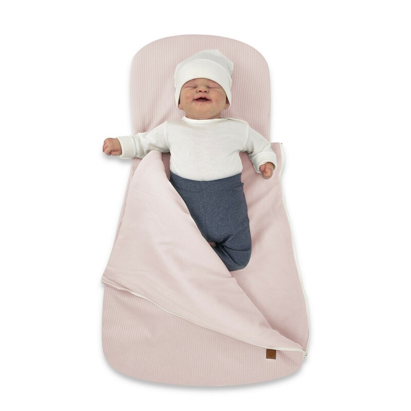 Sac de dormit multifunctional, MimiNu, Pentru patut, landou sau cosulet, Din bumbac interlock, Materiale certificate Oeko Tex Standard 100, Soft Powder Pink