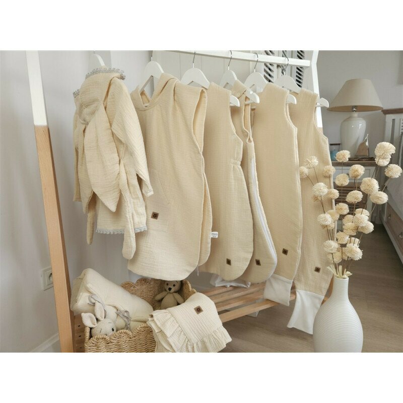 Sac de dormit, Qmini, Cu picioruse, De iarna, Din muselina dubla, Cu fermoar pe mijloc, 90 cm, S, Material certificat Oeko Tex Standard 100, Warm Beige