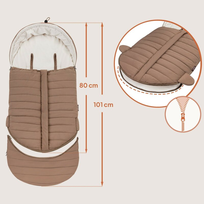 Sac de iarna, Lionelo, Oli, Pentru carucior, landou sau scaun auto, 101x45 cm, Impermeabil, Rezistent pana la -20 grade, Extensibil, Maro