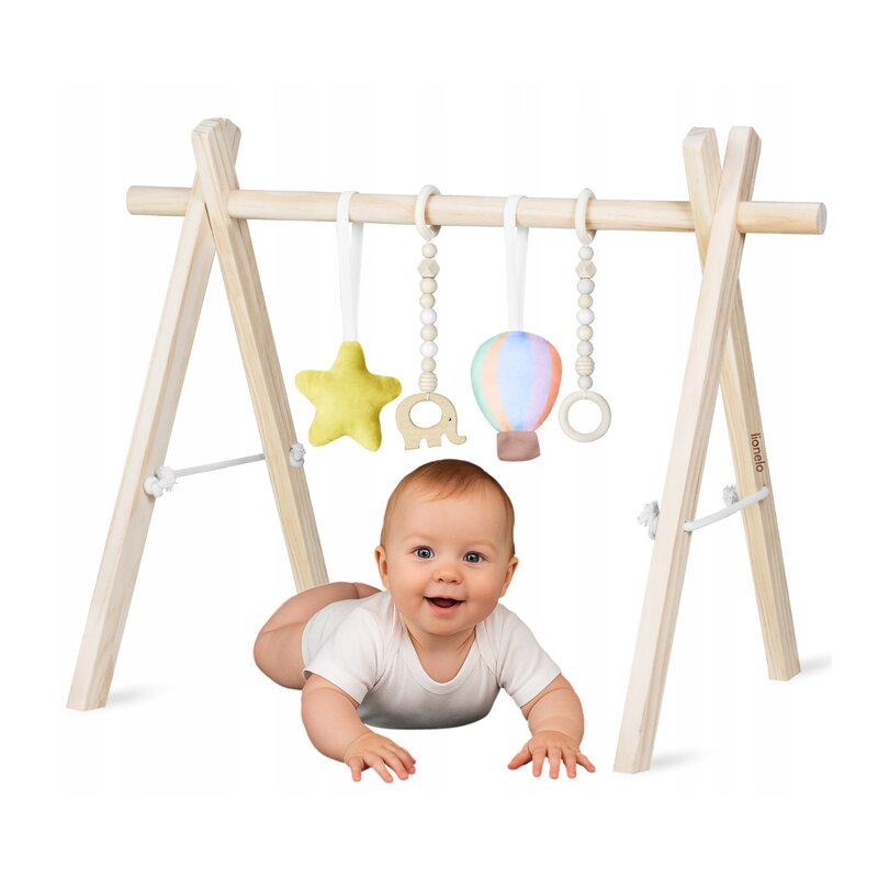 Centru de activitati, Lionelo, Anis Set, Cu arcada Montessori, Din lemn de pin, Jucarii plus, 4 jucarii suspendate, Stimuleaza simturile, Pliere rapida, Salteluta moale antiderapanta, 0+ luni, Multicolor