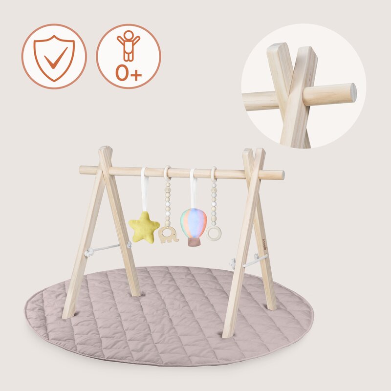 Centru de activitati, Lionelo, Anis Set, Cu arcada Montessori, Din lemn de pin, Jucarii plus, 4 jucarii suspendate, Stimuleaza simturile, Pliere rapida, Salteluta moale antiderapanta, 0+ luni, Multicolor