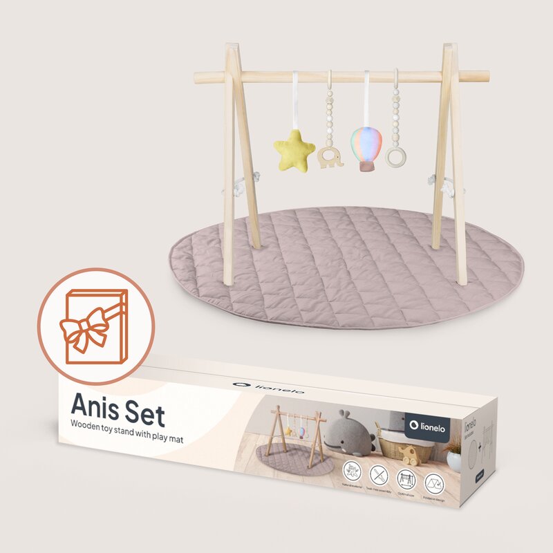 Centru de activitati, Lionelo, Anis Set, Cu arcada Montessori, Din lemn de pin, Jucarii plus, 4 jucarii suspendate, Stimuleaza simturile, Pliere rapida, Salteluta moale antiderapanta, 0+ luni, Multicolor