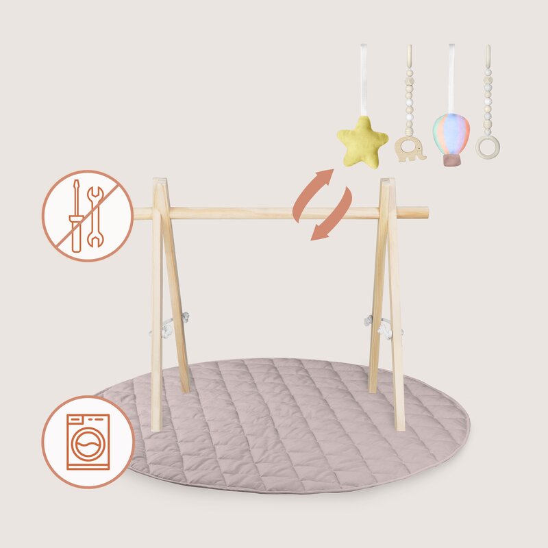 Centru de activitati, Lionelo, Anis Set, Cu arcada Montessori, Din lemn de pin, Jucarii plus, 4 jucarii suspendate, Stimuleaza simturile, Pliere rapida, Salteluta moale antiderapanta, 0+ luni, Multicolor