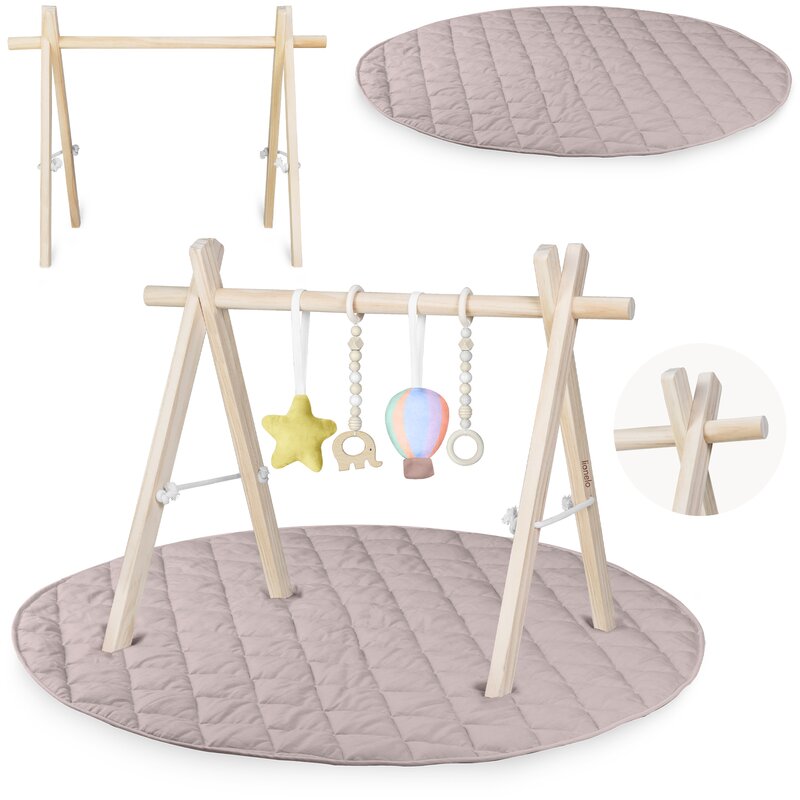 Centru de activitati, Lionelo, Anis Set, Cu arcada Montessori, Din lemn de pin, Jucarii plus, 4 jucarii suspendate, Stimuleaza simturile, Pliere rapida, Salteluta moale antiderapanta, 0+ luni, Multicolor