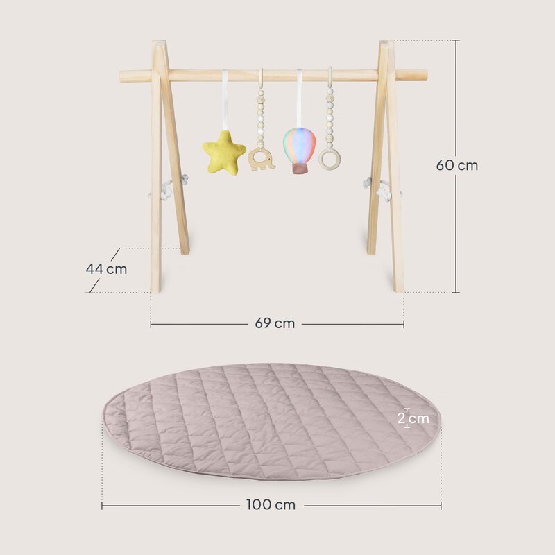 Centru de activitati, Lionelo, Anis Set, Cu arcada Montessori, Din lemn de pin, Jucarii plus, 4 jucarii suspendate, Stimuleaza simturile, Pliere rapida, Salteluta moale antiderapanta, 0+ luni, Multicolor