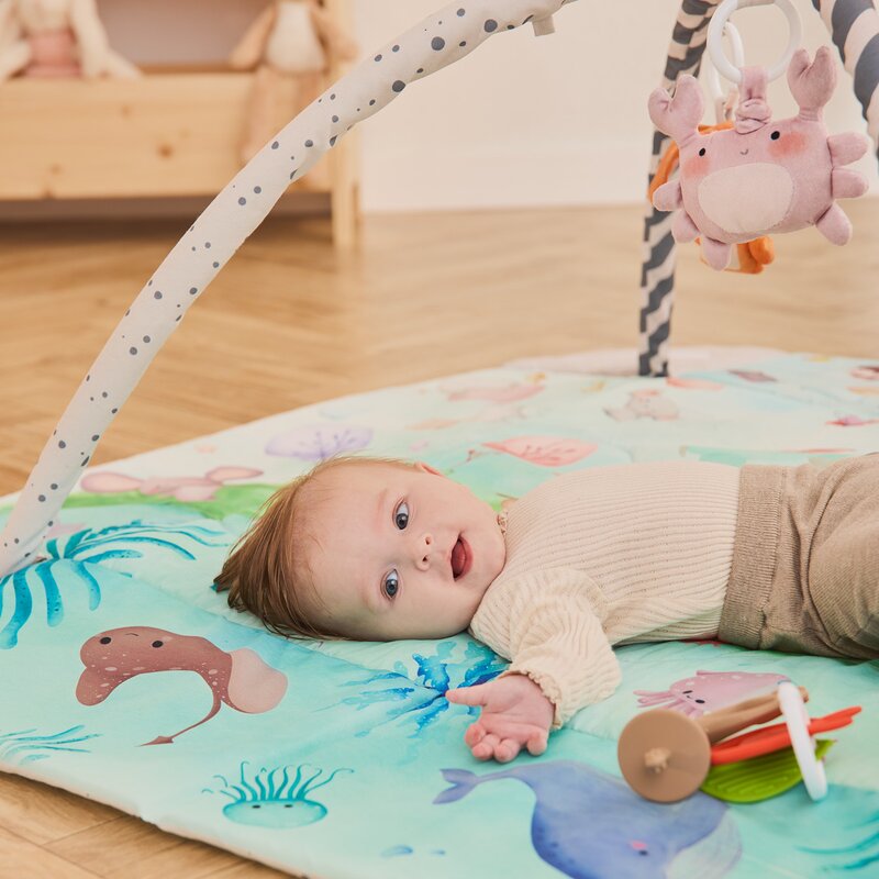 Salteluta interactiva, Lionelo, Anika, 8 jucarii senzoriale, detasabile, fosnaitoare, logopedice, Lavabila la masina, Husa din bambus, 116x112 cm, Multicolor - gogobaby.ro