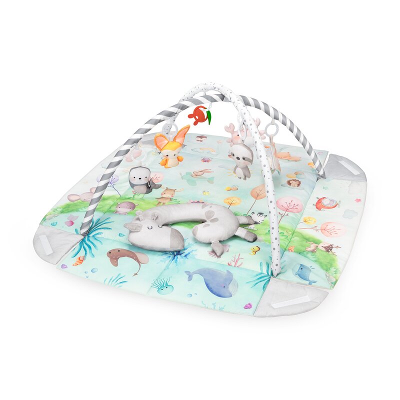 Salteluta interactiva, Lionelo, Anika, 8 jucarii senzoriale, detasabile, fosnaitoare, logopedice, Lavabila la masina, Husa din bambus, 116x112 cm, Multicolor - gogobaby.ro