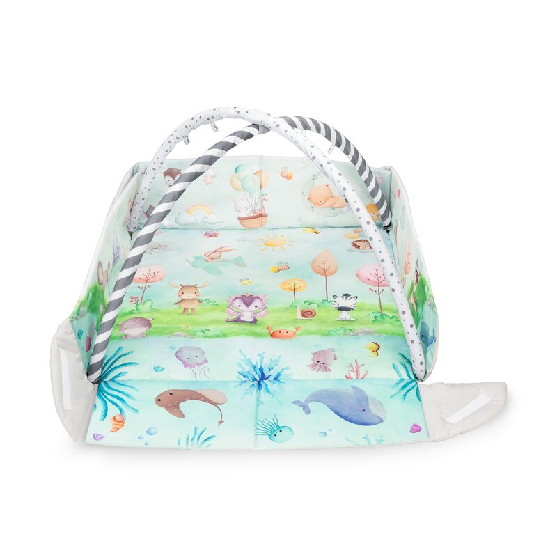 Salteluta interactiva, Lionelo, Anika, 8 jucarii senzoriale, detasabile, fosnaitoare, logopedice, Lavabila la masina, Husa din bambus, 116x112 cm, Multicolor - gogobaby.ro