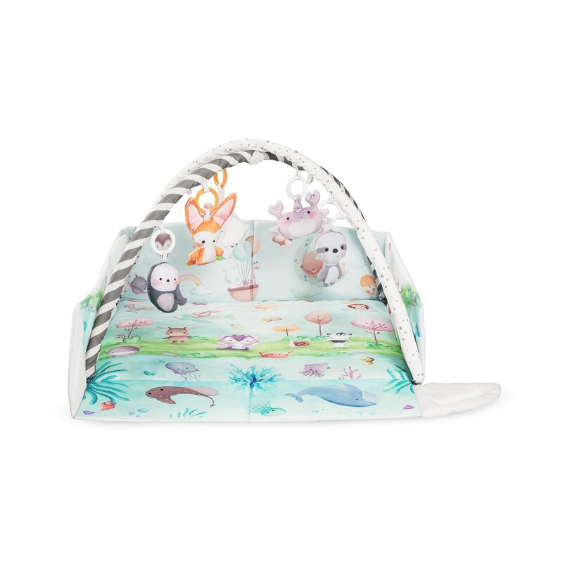 Salteluta interactiva, Lionelo, Anika, 8 jucarii senzoriale, detasabile, fosnaitoare, logopedice, Lavabila la masina, Husa din bambus, 116x112 cm, Multicolor - gogobaby.ro