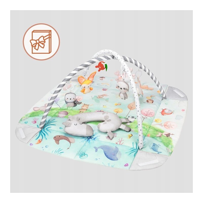 Salteluta interactiva, Lionelo, Anika, 8 jucarii senzoriale, detasabile, fosnaitoare, logopedice, Lavabila la masina, Husa din bambus, 116x112 cm, Multicolor - gogobaby.ro