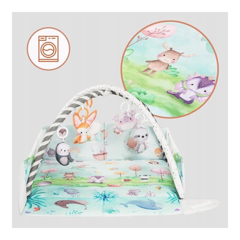 Salteluta interactiva, Lionelo, Anika, 8 jucarii senzoriale, detasabile, fosnaitoare, logopedice, Lavabila la masina, Husa din bambus, 116x112 cm, Multicolor - gogobaby.ro