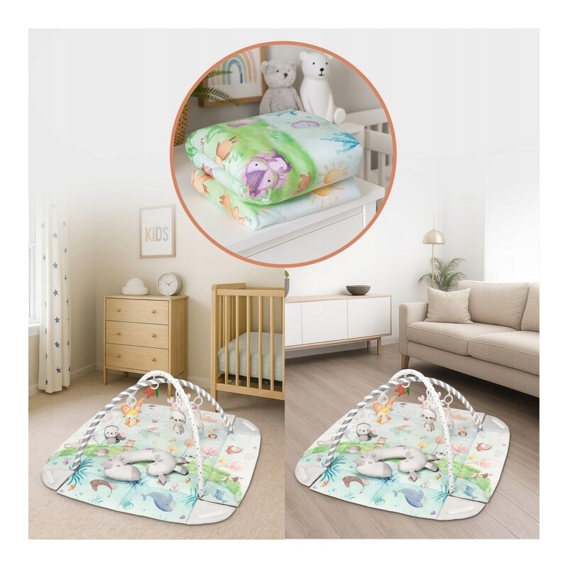 Salteluta interactiva, Lionelo, Anika, 8 jucarii senzoriale, detasabile, fosnaitoare, logopedice, Lavabila la masina, Husa din bambus, 116x112 cm, Multicolor - gogobaby.ro