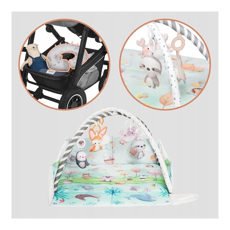 Salteluta interactiva, Lionelo, Anika, 8 jucarii senzoriale, detasabile, fosnaitoare, logopedice, Lavabila la masina, Husa din bambus, 116x112 cm, Multicolor - gogobaby.ro