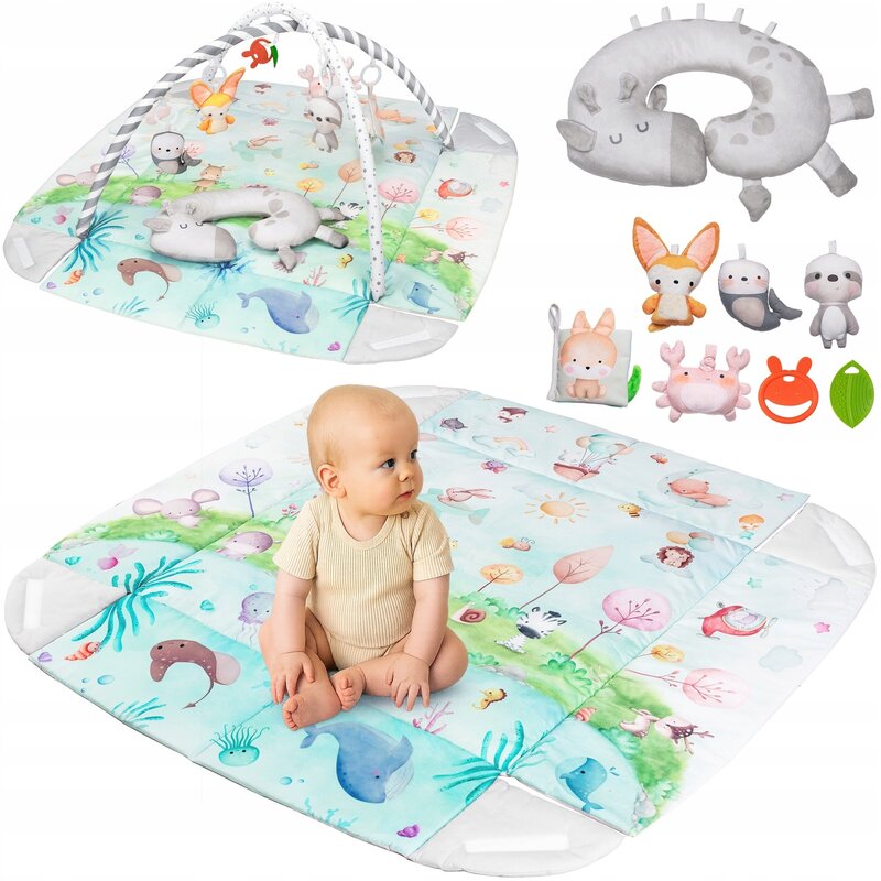 Salteluta interactiva, Lionelo, Anika, 8 jucarii senzoriale, detasabile, fosnaitoare, logopedice, Lavabila la masina, Husa din bambus, 116x112 cm, Multicolor - gogobaby.ro