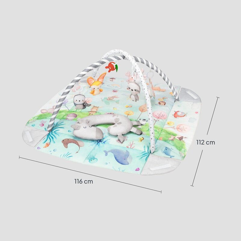 Salteluta interactiva, Lionelo, Anika, 8 jucarii senzoriale, detasabile, fosnaitoare, logopedice, Lavabila la masina, Husa din bambus, 116x112 cm, Multicolor - gogobaby.ro