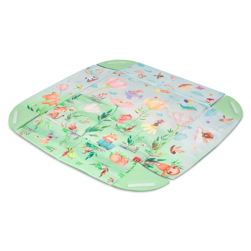 Salteluta interactiva, Lionelo, Inga, 7 jucarii senzoriale, detasabile, fosnaitoare, 116x112 cm, Lavabila la masina de spalat, Multicolor