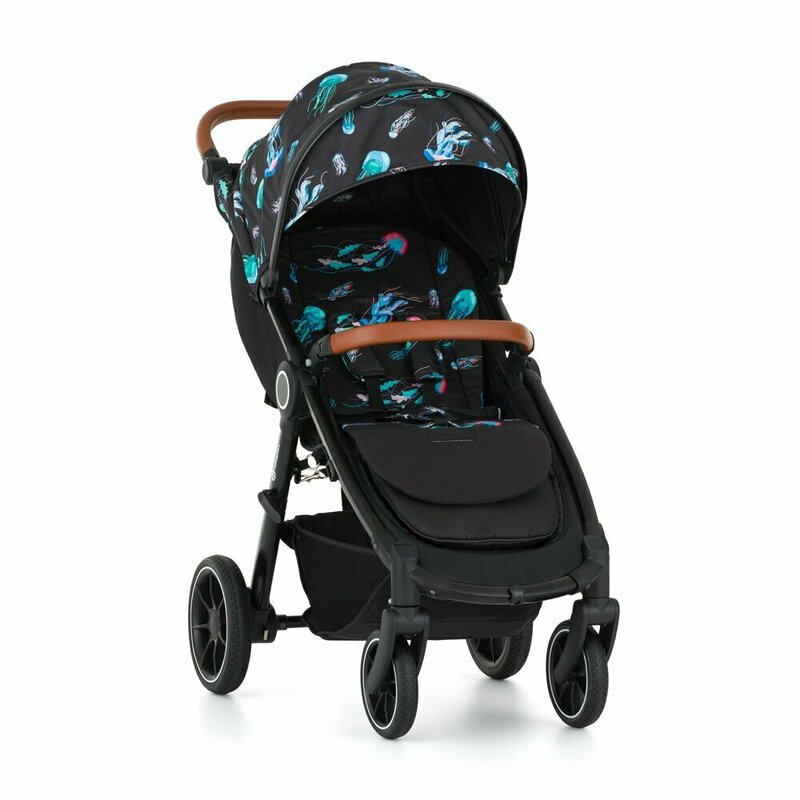 Salteluta pentru carucior, Petite&Mars, Foamy, Din spuma cu memorie, 86 x 42 cm, Reversibila, Universala, Design cu meduze, Negru