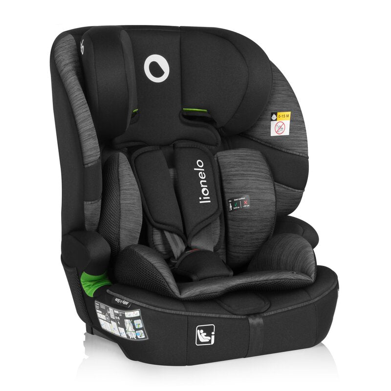 Scaun auto i-Size, Lionelo, Billy , 76 -150 cm, 1/2/3, Isofix + top tether, Tetiera reglabila in 10 pozitii, Insertie ergonomica, Tapiterie lavabila, Testat la impact, Baza lata, Conform cu R129, Negru/Gri - gogobaby.ro