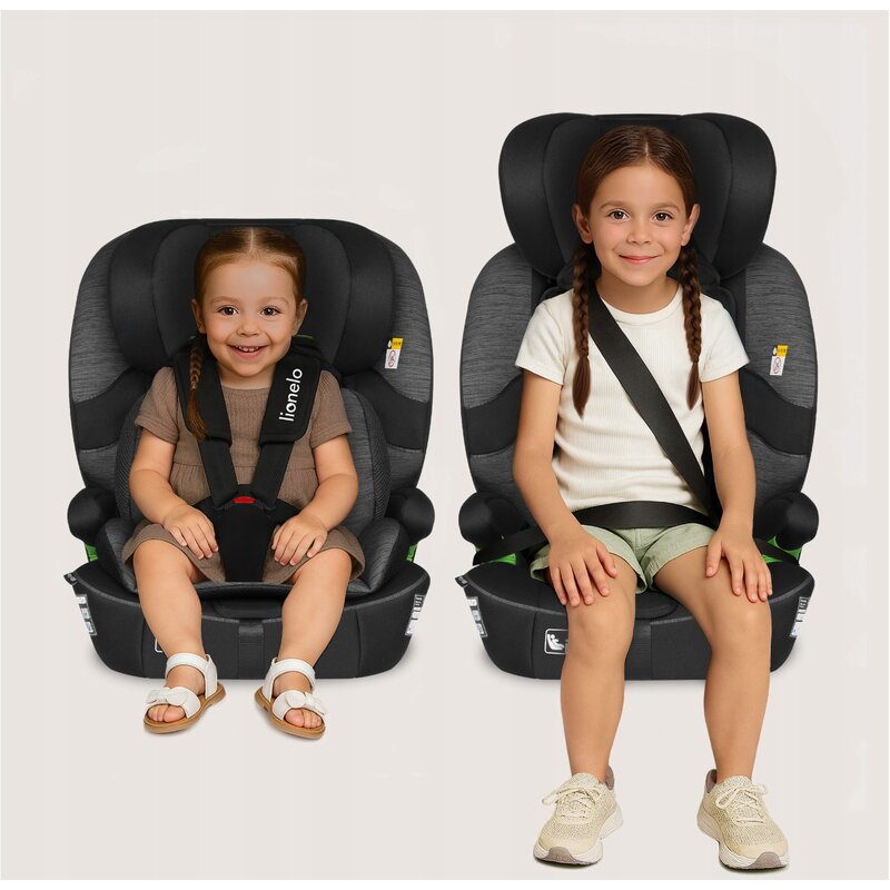 Scaun auto i-Size, Lionelo, Billy , 76 -150 cm, 1/2/3, Isofix + top tether, Tetiera reglabila in 10 pozitii, Insertie ergonomica, Tapiterie lavabila, Testat la impact, Baza lata, Conform cu R129, Negru/Gri - gogobaby.ro