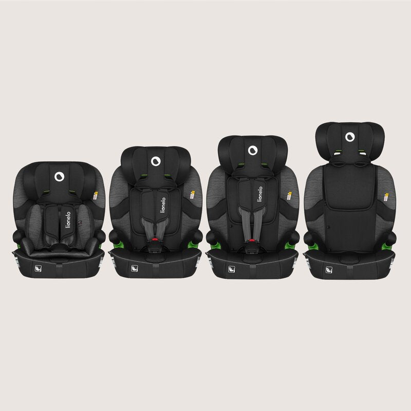 Scaun auto i-Size, Lionelo, Billy , 76 -150 cm, 1/2/3, Isofix + top tether, Tetiera reglabila in 10 pozitii, Insertie ergonomica, Tapiterie lavabila, Testat la impact, Baza lata, Conform cu R129, Negru/Gri