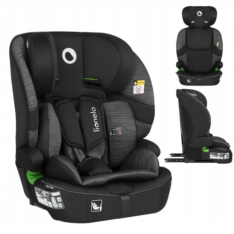 Scaun auto i-Size, Lionelo, Billy , 76 -150 cm, 1/2/3, Isofix + top tether, Tetiera reglabila in 10 pozitii, Insertie ergonomica, Tapiterie lavabila, Testat la impact, Baza lata, Conform cu R129, Negru/Gri - gogobaby.ro