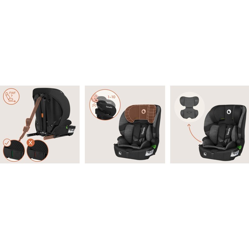Scaun auto i-Size, Lionelo, Billy , 76 -150 cm, 1/2/3, Isofix + top tether, Tetiera reglabila in 10 pozitii, Insertie ergonomica, Tapiterie lavabila, Testat la impact, Baza lata, Conform cu R129, Negru/Gri - gogobaby.ro