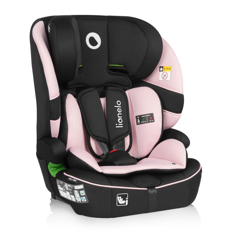 Scaun auto i-Size, Lionelo, Billy , 76 - 150 cm, 1/2/3, Isofix + top tether, Tetiera reglabila in 10 pozitii, Insertie ergonomica, Tapiterie lavabila, Testat la impact, Baza lata, Conform cu R129, Roz