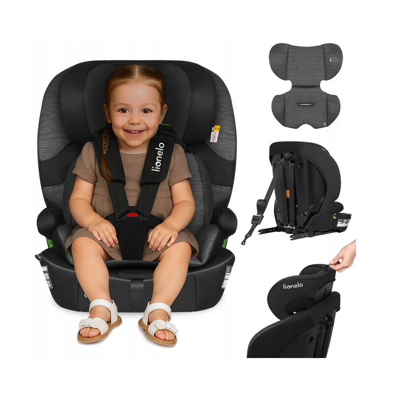 Scaun auto i-Size, Lionelo, Billy , 76 -150 cm, 1/2/3, Isofix + top tether, Tetiera reglabila in 10 pozitii, Insertie ergonomica, Tapiterie lavabila, Testat la impact, Baza lata, Conform cu R129, Negru/Gri