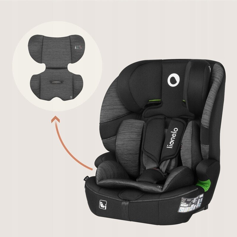 Scaun auto i-Size, Lionelo, Billy , 76 -150 cm, 1/2/3, Isofix + top tether, Tetiera reglabila in 10 pozitii, Insertie ergonomica, Tapiterie lavabila, Testat la impact, Baza lata, Conform cu R129, Negru/Gri - gogobaby.ro