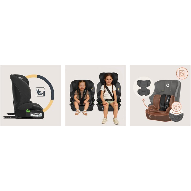 Scaun auto i-Size, Lionelo, Billy , 76 -150 cm, 1/2/3, Isofix + top tether, Tetiera reglabila in 10 pozitii, Insertie ergonomica, Tapiterie lavabila, Testat la impact, Baza lata, Conform cu R129, Negru/Gri - gogobaby.ro