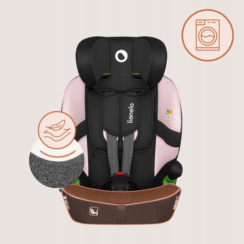 Scaun auto i-Size, Lionelo, Billy , 76 - 150 cm, 1/2/3, Isofix + top tether, Tetiera reglabila in 10 pozitii, Insertie ergonomica, Tapiterie lavabila, Testat la impact, Baza lata, Conform cu R129, Roz