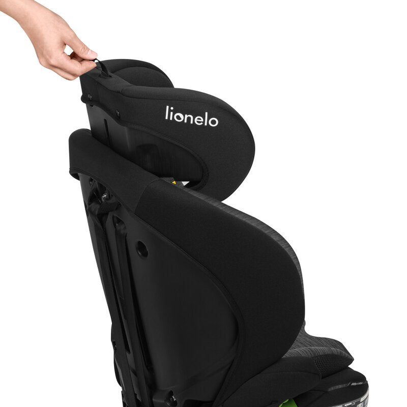 Scaun auto i-Size, Lionelo, Billy , 76 -150 cm, 1/2/3, Isofix + top tether, Tetiera reglabila in 10 pozitii, Insertie ergonomica, Tapiterie lavabila, Testat la impact, Baza lata, Conform cu R129, Negru/Gri - gogobaby.ro