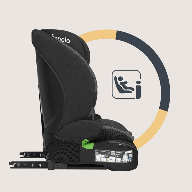 Scaun auto i-Size, Lionelo, Billy , 76 -150 cm, 1/2/3, Isofix + top tether, Tetiera reglabila in 10 pozitii, Insertie ergonomica, Tapiterie lavabila, Testat la impact, Baza lata, Conform cu R129, Negru/Gri - gogobaby.ro