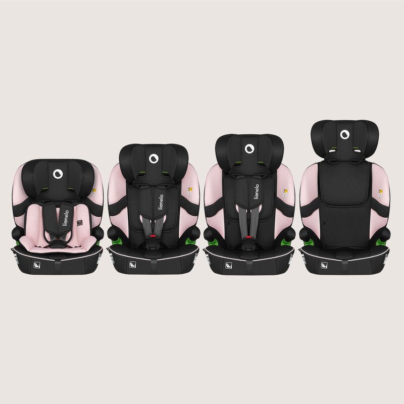 Scaun auto i-Size, Lionelo, Billy , 76 - 150 cm, 1/2/3, Isofix + top tether, Tetiera reglabila in 10 pozitii, Insertie ergonomica, Tapiterie lavabila, Testat la impact, Baza lata, Conform cu R129, Roz