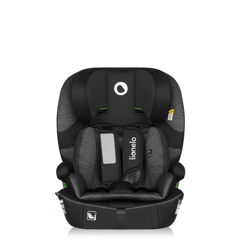 Scaun auto i-Size, Lionelo, Billy , 76 -150 cm, 1/2/3, Isofix + top tether, Tetiera reglabila in 10 pozitii, Insertie ergonomica, Tapiterie lavabila, Testat la impact, Baza lata, Conform cu R129, Negru/Gri