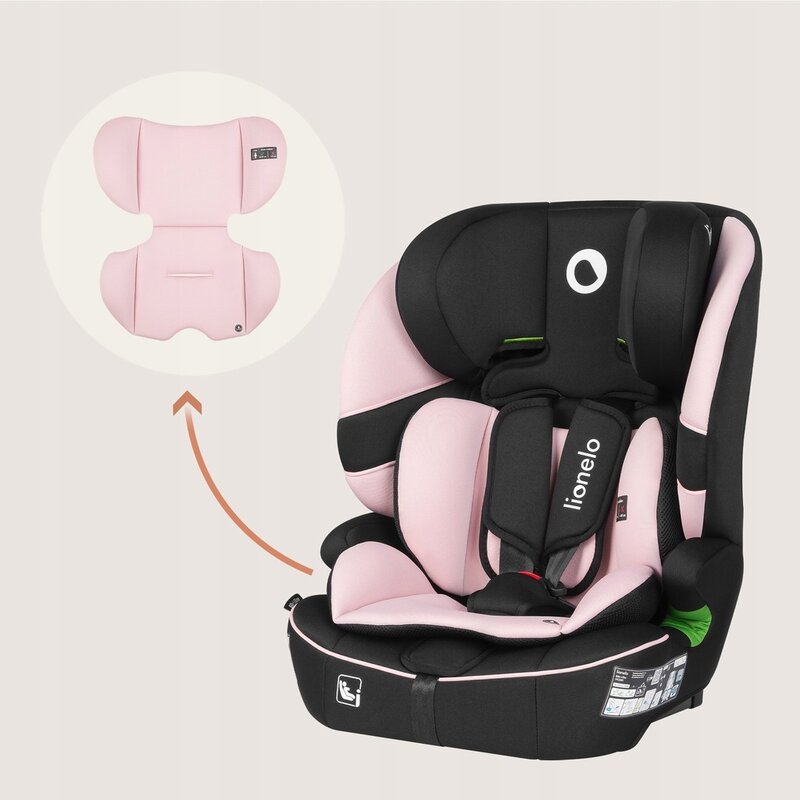 Scaun auto i-Size, Lionelo, Billy , 76 - 150 cm, 1/2/3, Isofix + top tether, Tetiera reglabila in 10 pozitii, Insertie ergonomica, Tapiterie lavabila, Testat la impact, Baza lata, Conform cu R129, Roz