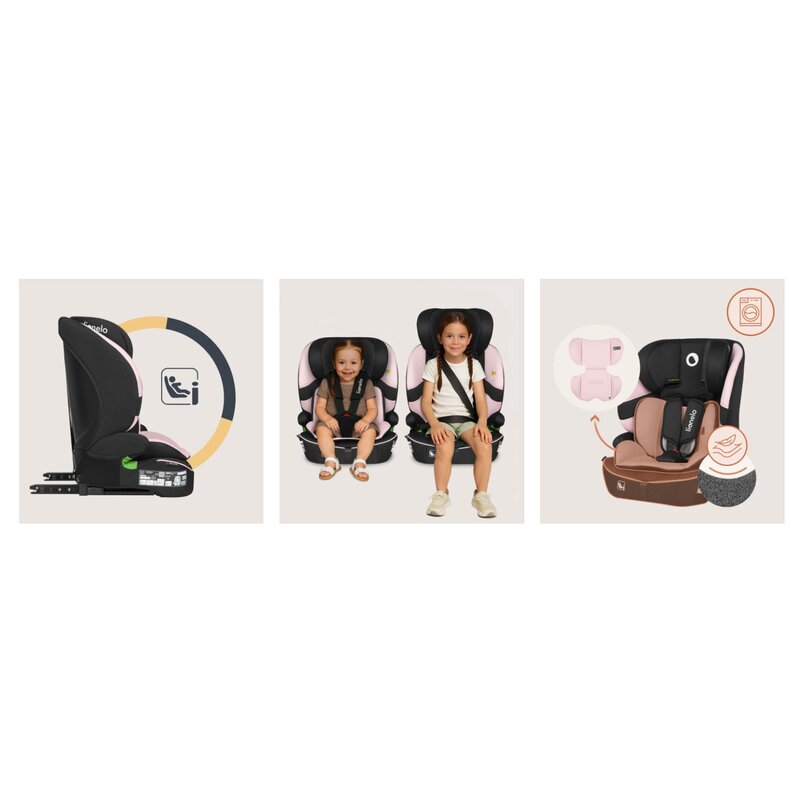 Scaun auto i-Size, Lionelo, Billy , 76 - 150 cm, 1/2/3, Isofix + top tether, Tetiera reglabila in 10 pozitii, Insertie ergonomica, Tapiterie lavabila, Testat la impact, Baza lata, Conform cu R129, Roz
