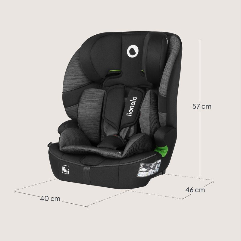 Scaun auto i-Size, Lionelo, Billy , 76 -150 cm, 1/2/3, Isofix + top tether, Tetiera reglabila in 10 pozitii, Insertie ergonomica, Tapiterie lavabila, Testat la impact, Baza lata, Conform cu R129, Negru/Gri