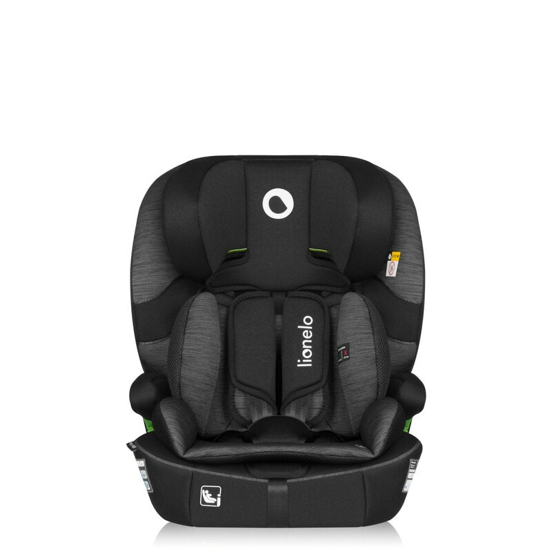 Scaun auto i-Size, Lionelo, Billy , 76 -150 cm, 1/2/3, Isofix + top tether, Tetiera reglabila in 10 pozitii, Insertie ergonomica, Tapiterie lavabila, Testat la impact, Baza lata, Conform cu R129, Negru/Gri