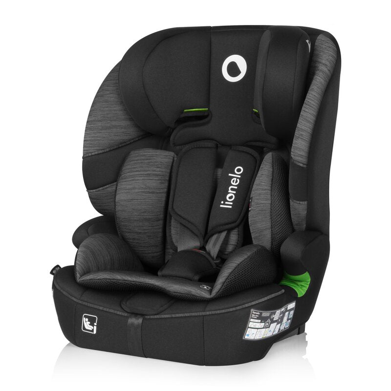 Scaun auto i-Size, Lionelo, Billy , 76 -150 cm, 1/2/3, Isofix + top tether, Tetiera reglabila in 10 pozitii, Insertie ergonomica, Tapiterie lavabila, Testat la impact, Baza lata, Conform cu R129, Negru/Gri - gogobaby.ro