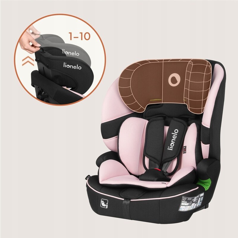 Scaun auto i-Size, Lionelo, Billy , 76 - 150 cm, 1/2/3, Isofix + top tether, Tetiera reglabila in 10 pozitii, Insertie ergonomica, Tapiterie lavabila, Testat la impact, Baza lata, Conform cu R129, Roz