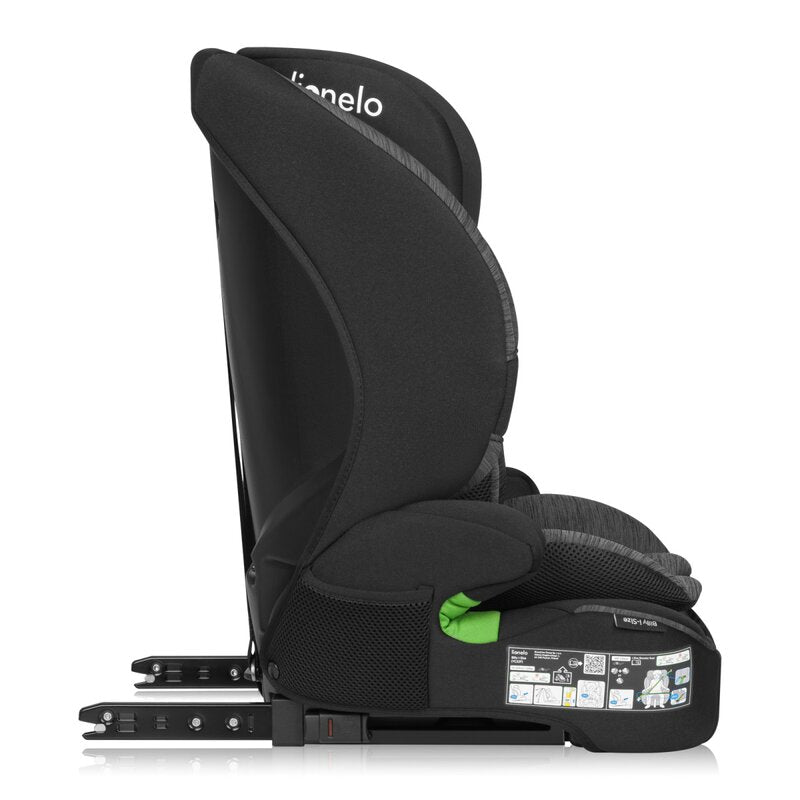 Scaun auto i-Size, Lionelo, Billy , 76 -150 cm, 1/2/3, Isofix + top tether, Tetiera reglabila in 10 pozitii, Insertie ergonomica, Tapiterie lavabila, Testat la impact, Baza lata, Conform cu R129, Negru/Gri - gogobaby.ro