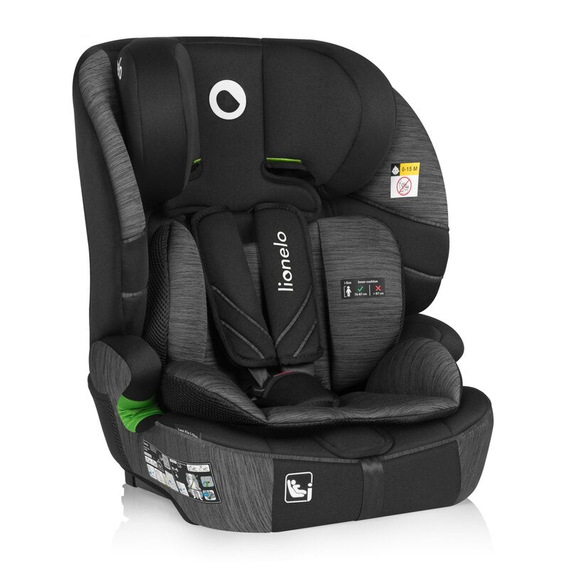 Scaun auto i-Size, Lionelo, Levi Fix, 76 - 150 cm, 1/2/3, ISOFIX + Top Tether, Tetiera reglabila in 10 pozitii, Insertie ergonomica Dri-Seat, Tapiterie lavabila, Testat la impact, Baza lata, Cotiere practice, Conform cu R129, Negru/Gri - gogobaby.ro