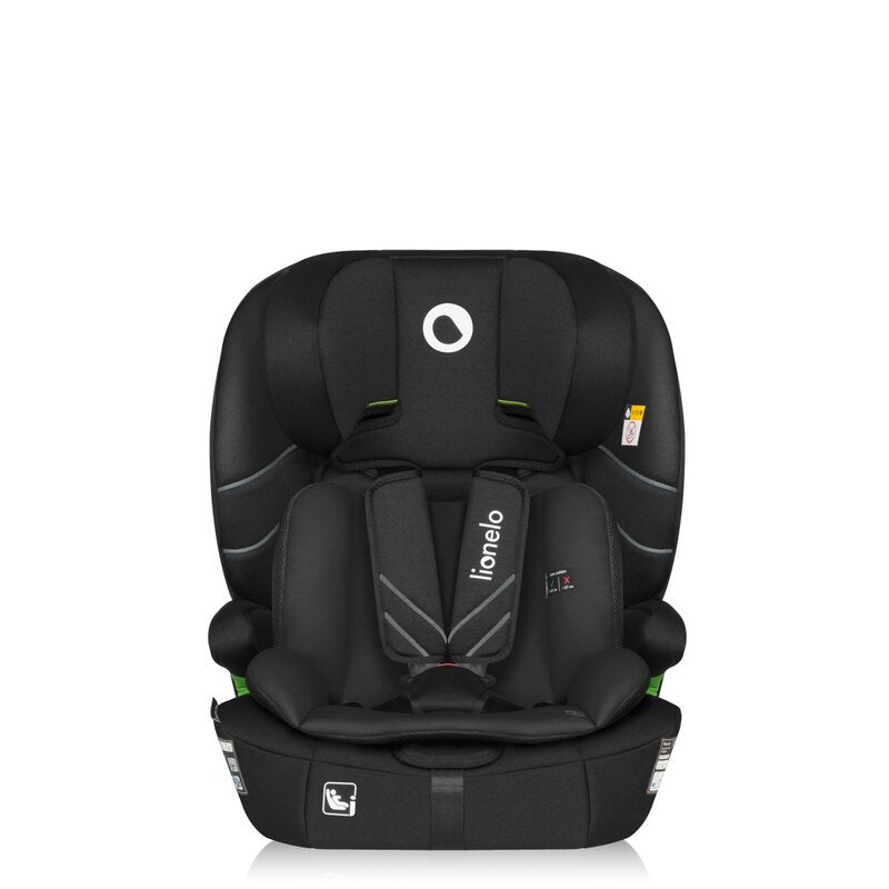 Scaun auto i-Size, Lionelo, Levi Fix, 76 - 150 cm, 1/2/3, ISOFIX + Top Tether, Tetiera reglabila in 10 pozitii, Insertie ergonomica Dri-Seat, Tapiterie lavabila, Testat la impact, Baza lata, Cotiere practice, Conform cu R129, Negru