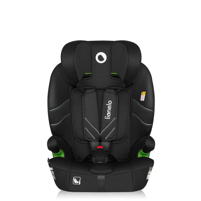 Scaun auto i-Size, Lionelo, Levi Fix, 76 - 150 cm, 1/2/3, ISOFIX + Top Tether, Tetiera reglabila in 10 pozitii, Insertie ergonomica Dri-Seat, Tapiterie lavabila, Testat la impact, Baza lata, Cotiere practice, Conform cu R129, Negru